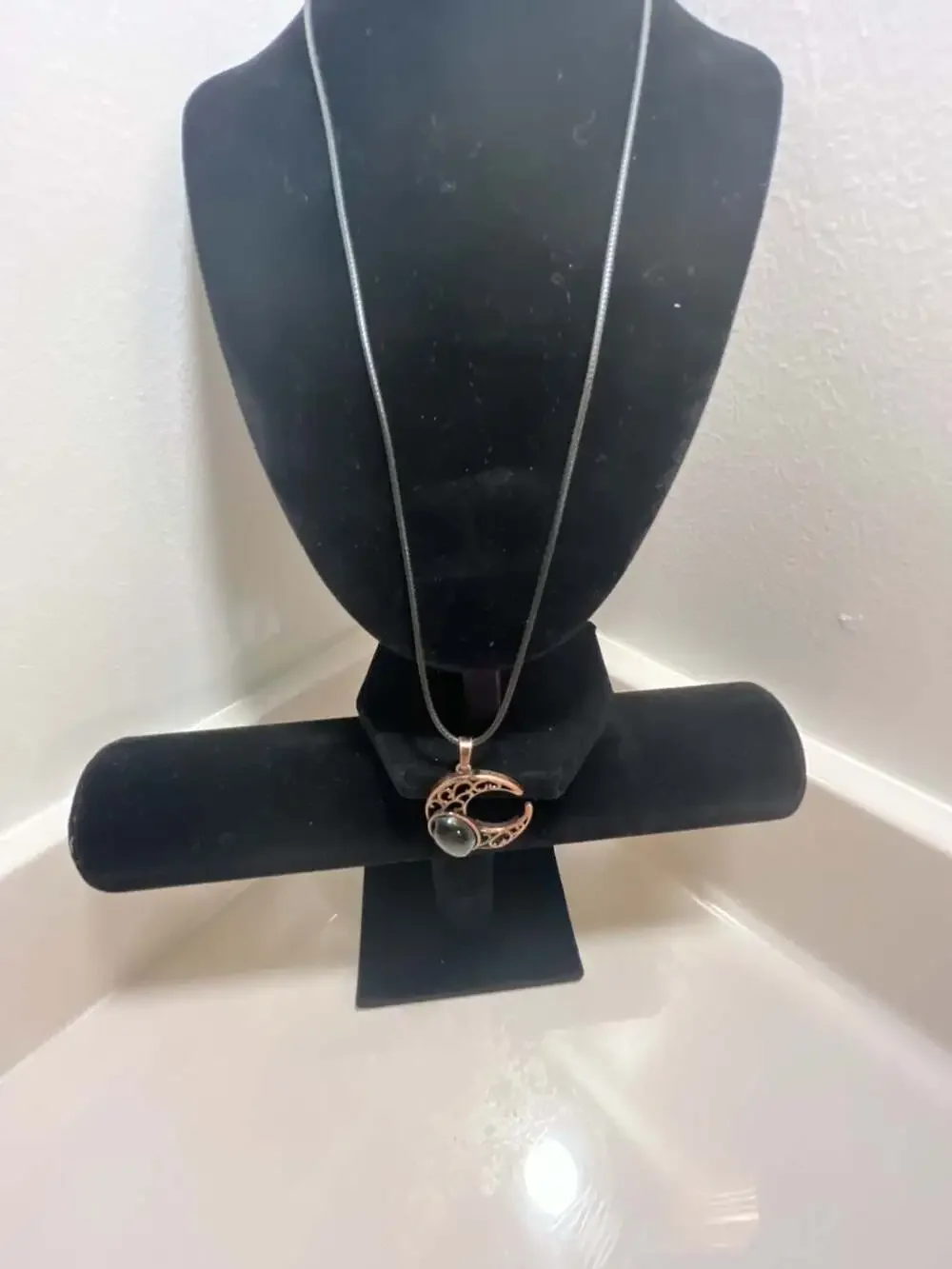 Vintage Hollow Crescent Moon Pendant with Black Stone on Black Cord